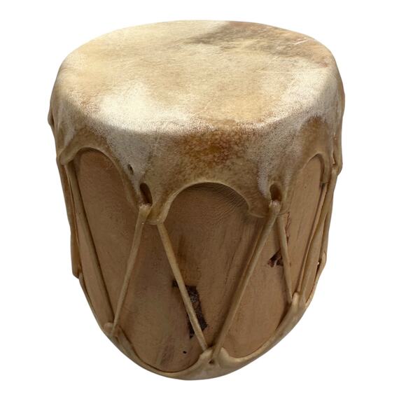 Vintage Native American Handmade Drum Wood Core Raw Animal Hide Pads & Stitching - Picture 4 of 9